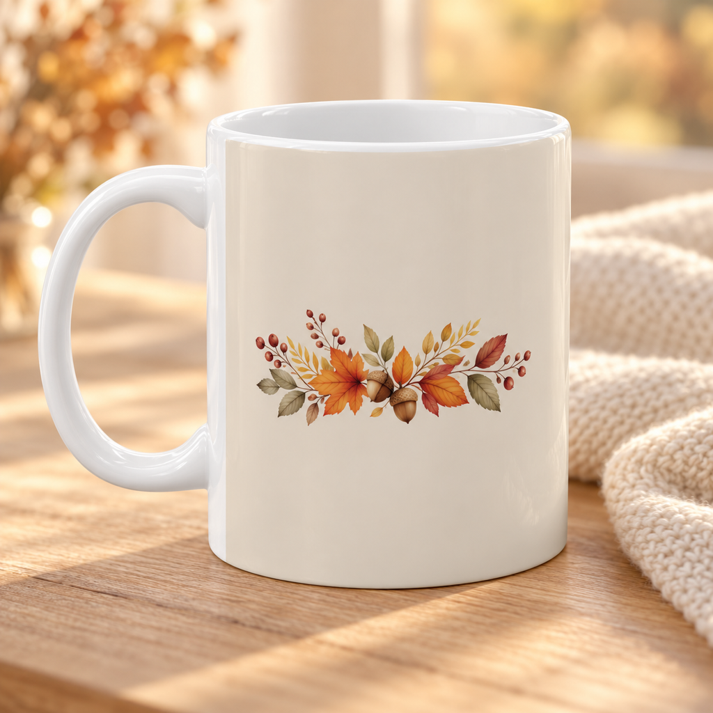 Close-up of the Cozy Season mug glossy ceramic finish and C-handle