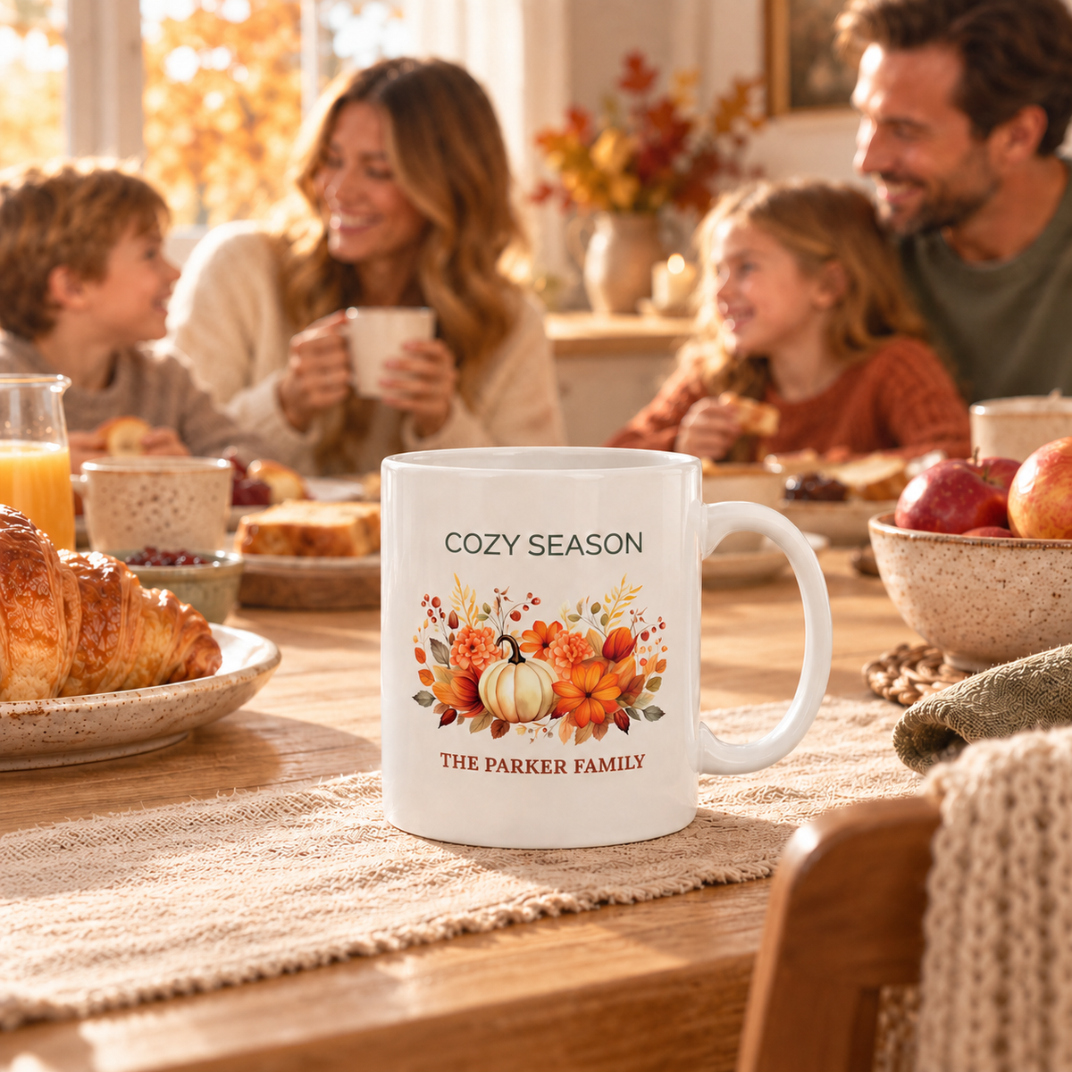 Personalized family name customization preview on the Cozy Season mug