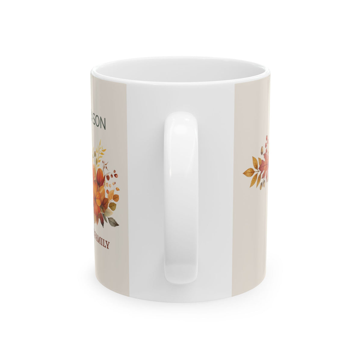 Cozy Season personalized mug displayed on a table with fall leaves