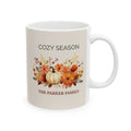 Cozy Season personalized ceramic mug with pumpkin and floral design and family name