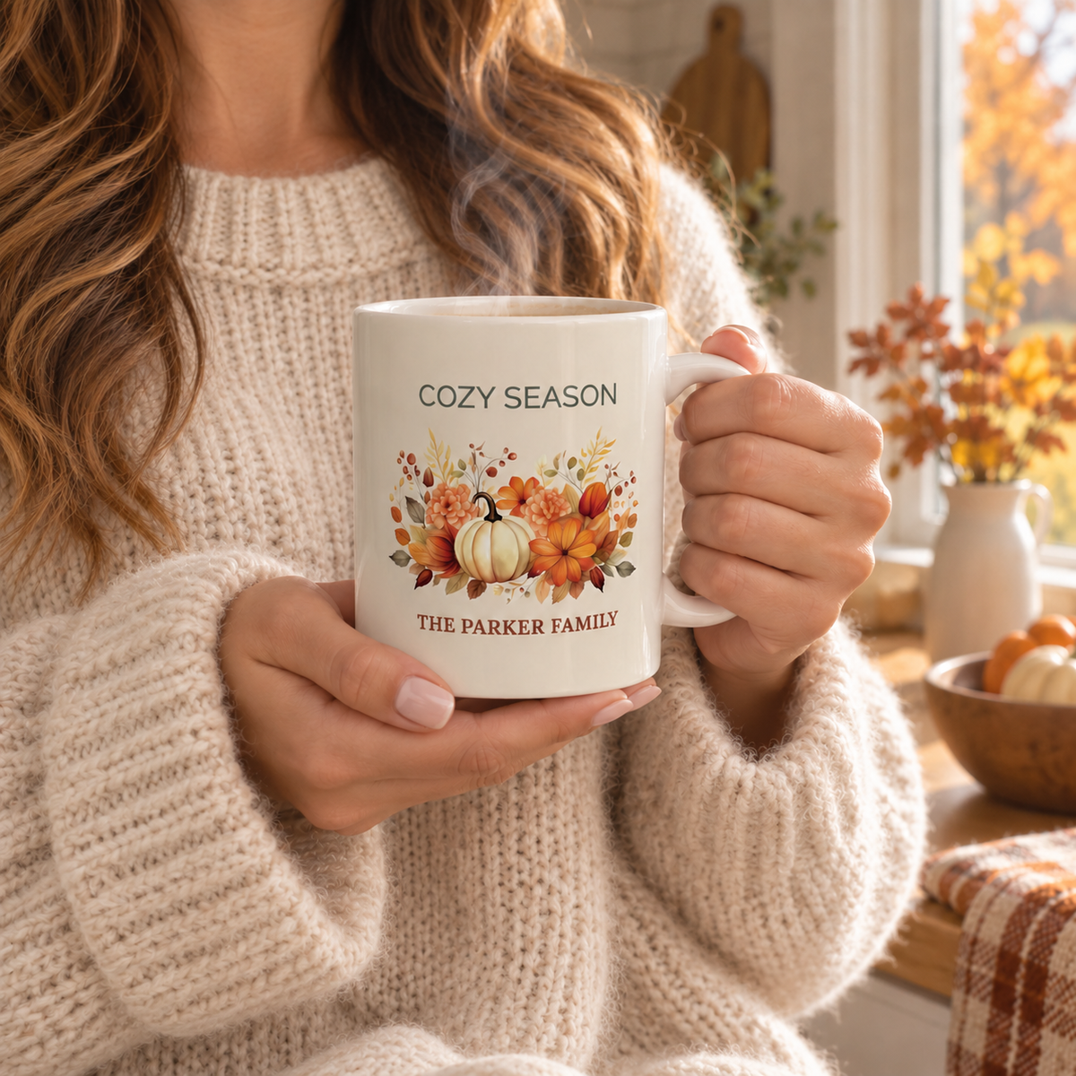 Cozy Season mug mockup showing pumpkin and floral design placement