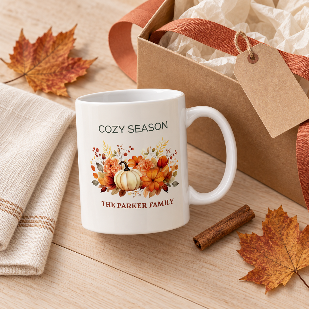 Cozy Season mug mockup on a kitchen counter with autumn decor