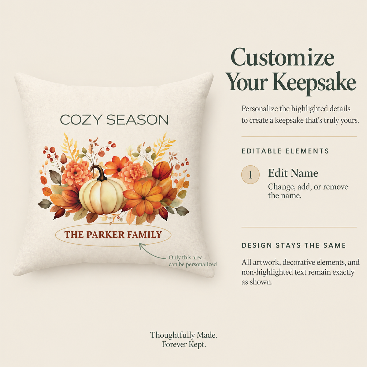 Cozy Season pillow back side showing the plain neutral cream fabric