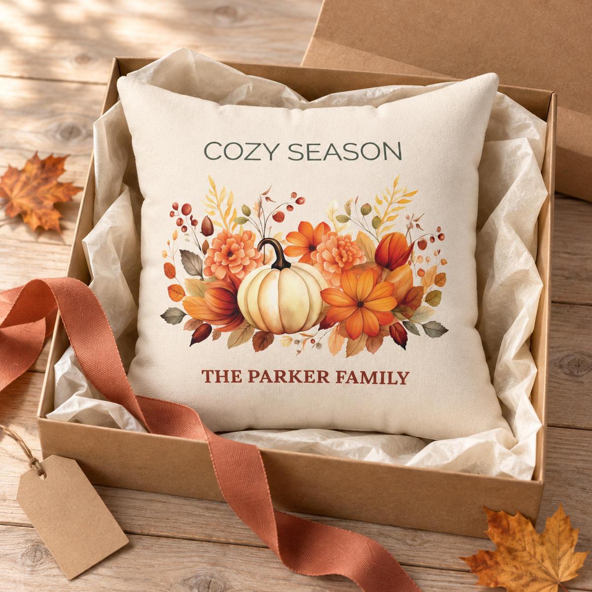 Cozy Season throw pillow styled on a couch in a living room