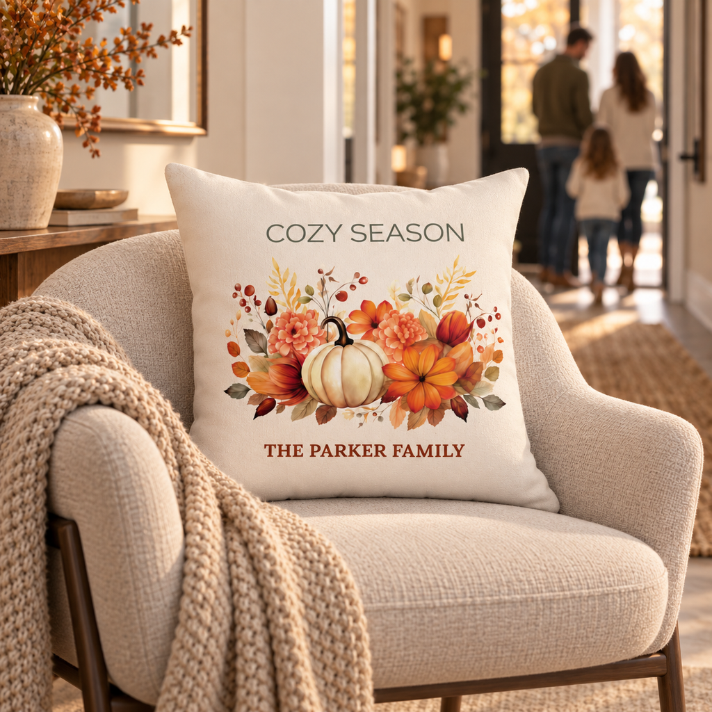Personalized family name customization preview on the Cozy Season pillow