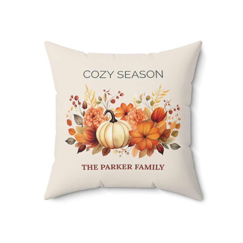 Cozy Season personalized square throw pillow with pumpkin design and family name