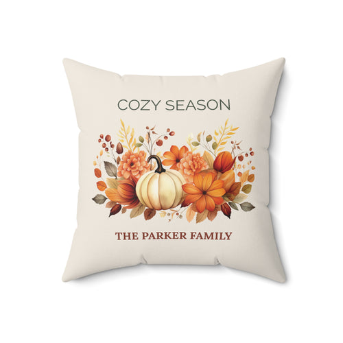 Cozy Season personalized square throw pillow with pumpkin design and family name