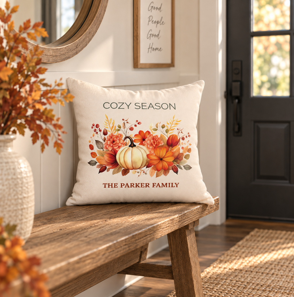 Cozy Season pillow mockup showing pumpkin design placement