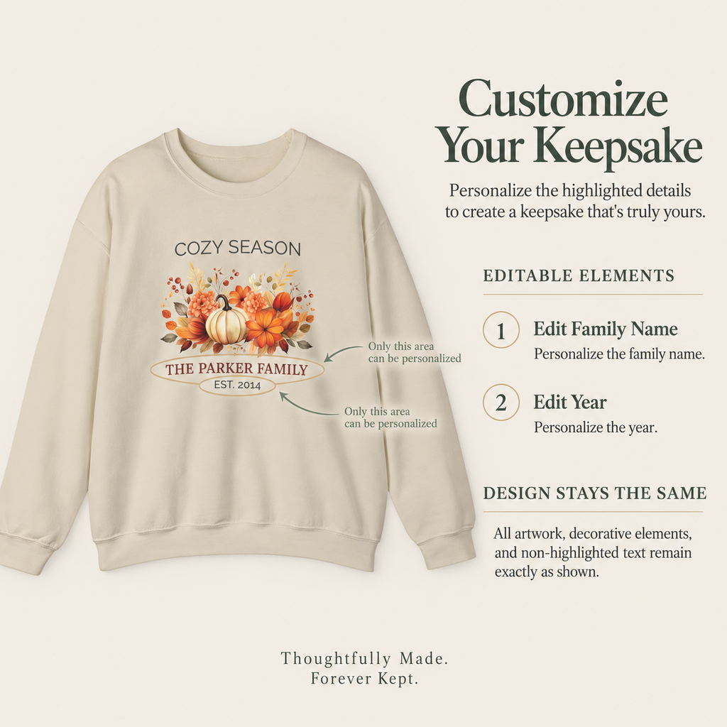 Close-up of the Cozy Season sweatshirt ribbed collar and pumpkin bouquet print