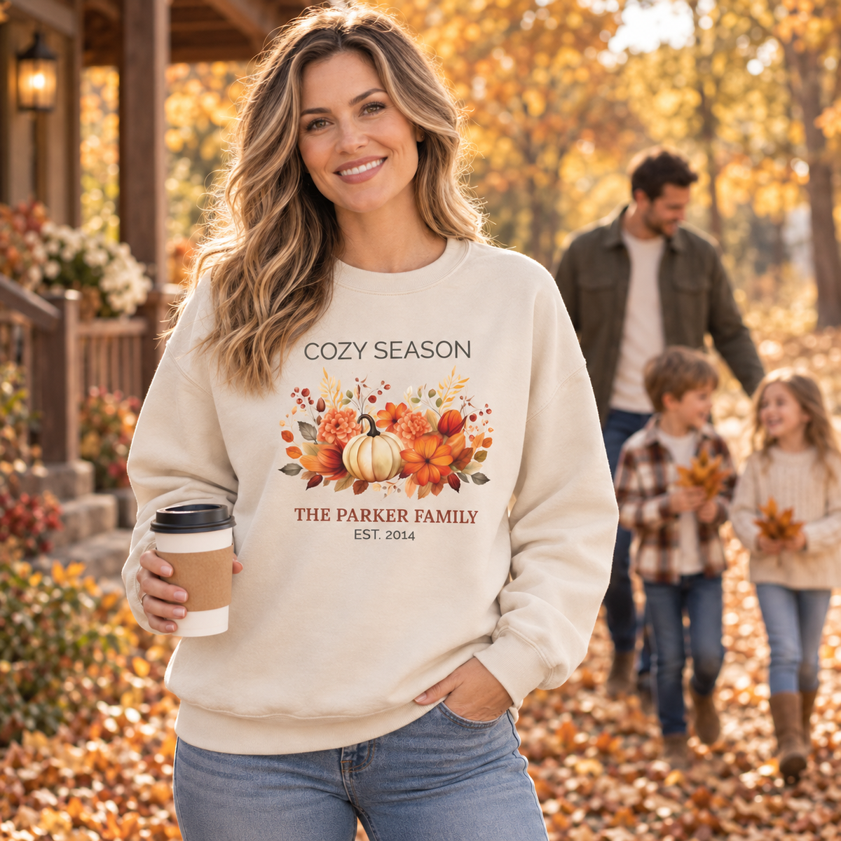 Personalized family name and year customization preview on the Cozy Season sweatshirt