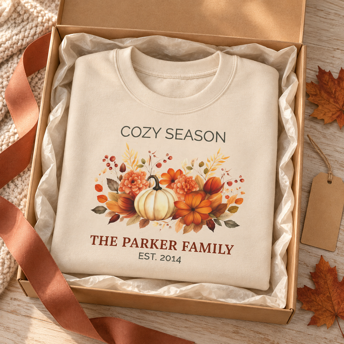 Cozy Season sweatshirt worn with jeans in a fall setting