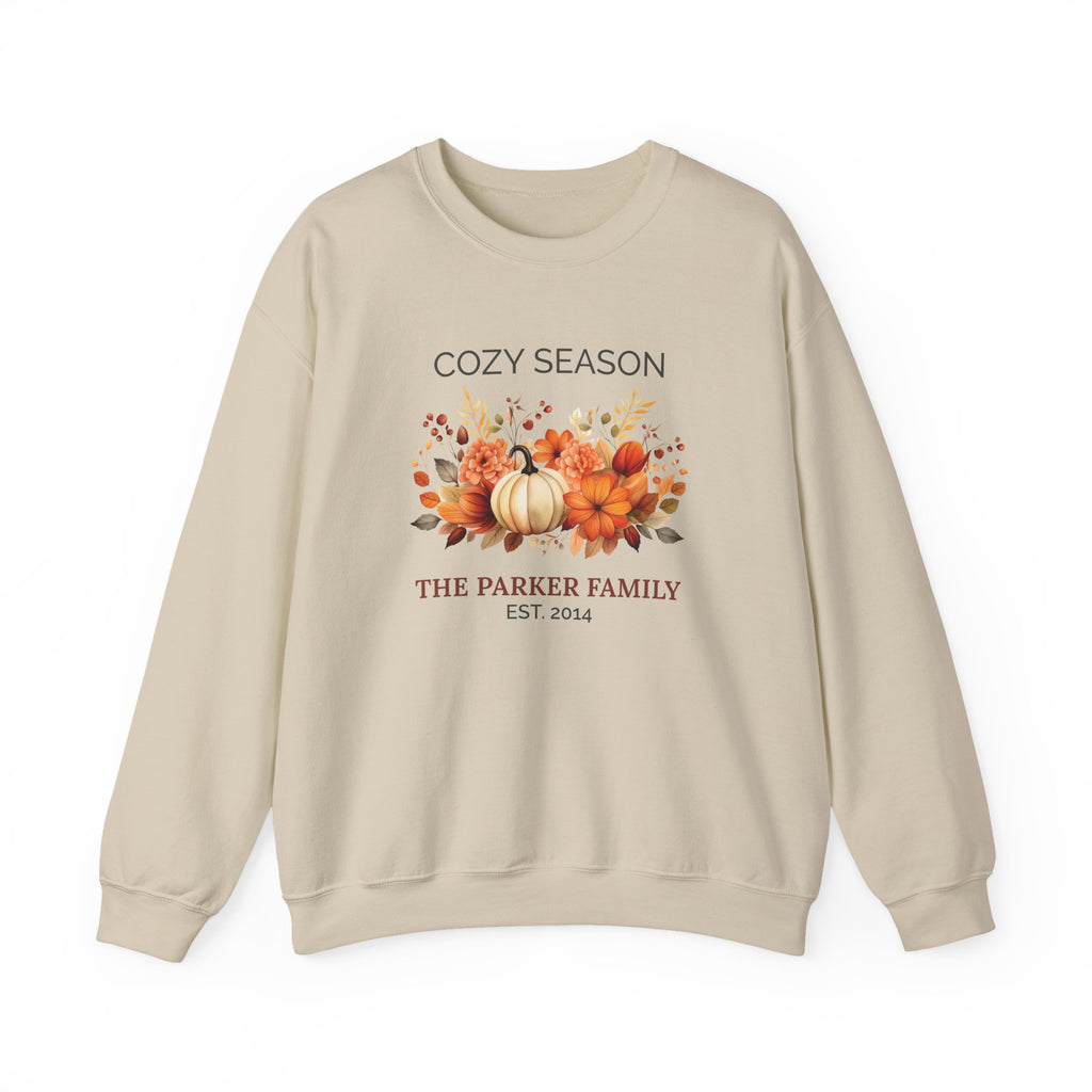 Cozy Season personalized sand crewneck sweatshirt with pumpkin design and family name