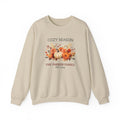 Cozy Season personalized sand crewneck sweatshirt with pumpkin design and family name