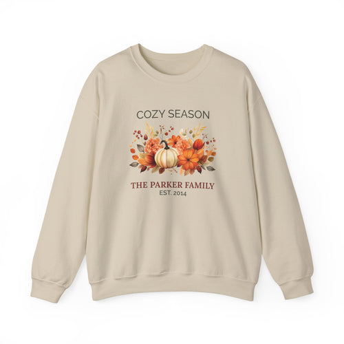 Cozy Season personalized sand crewneck sweatshirt with pumpkin design and family name