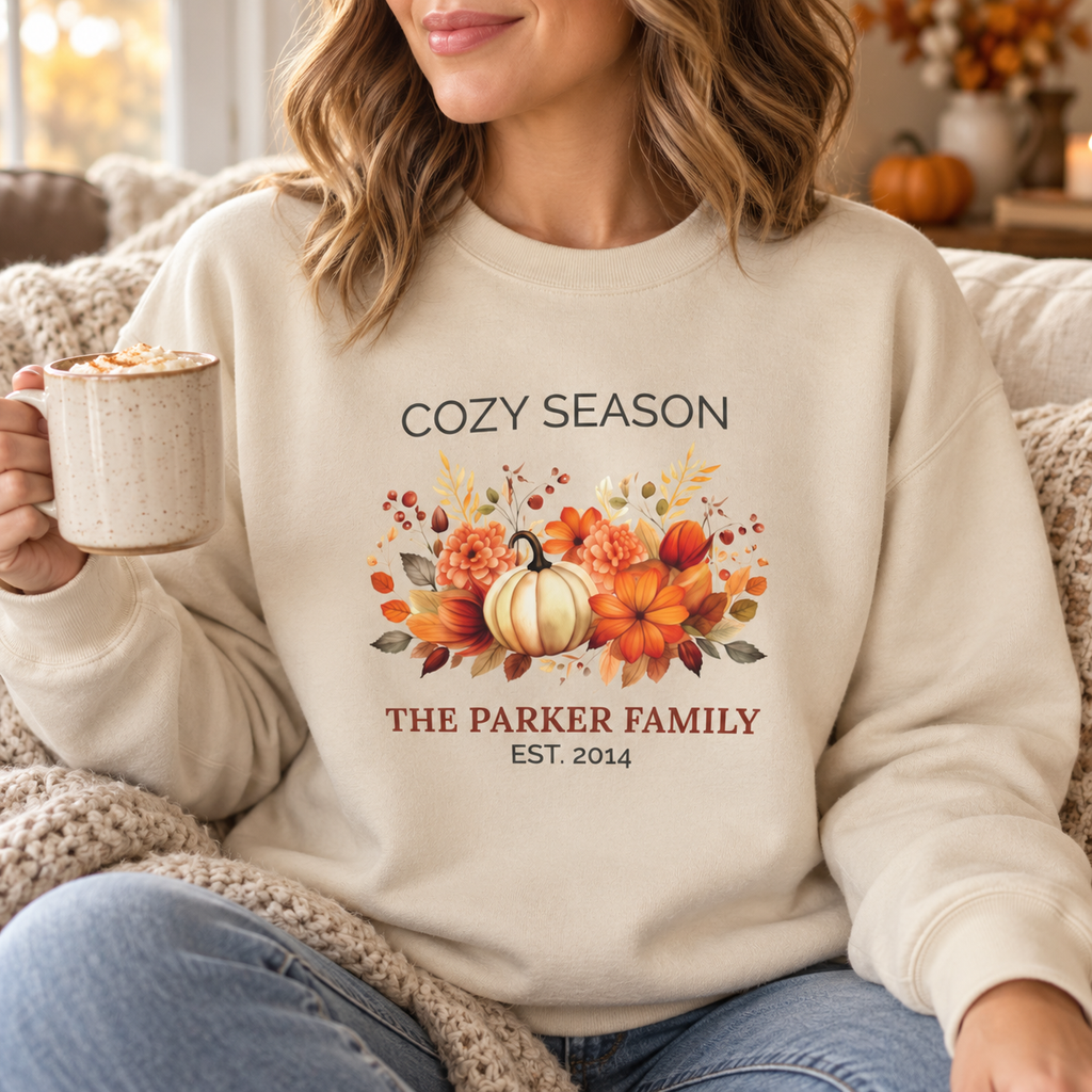 Cozy Season sweatshirt mockup showing pumpkin design placement