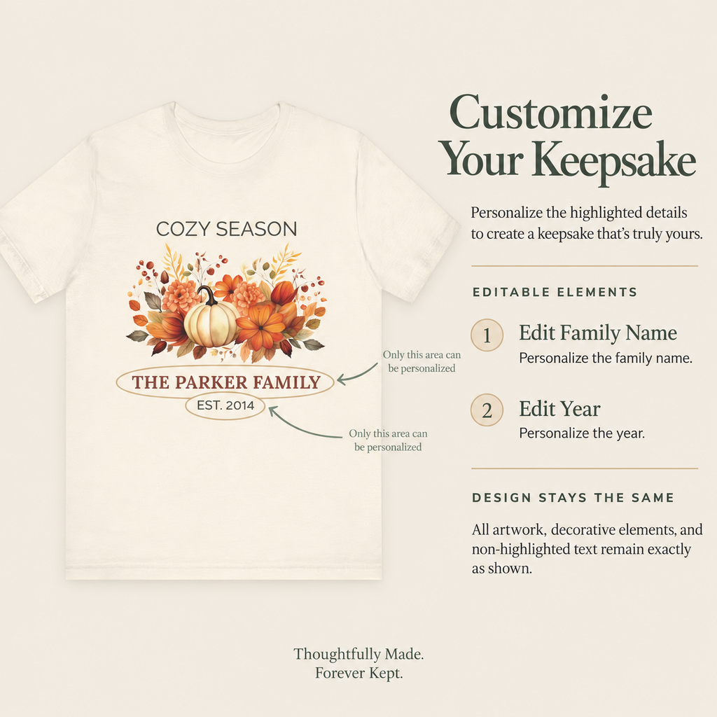 Close-up of the Cozy Season t-shirt ribbed collar and pumpkin bouquet print