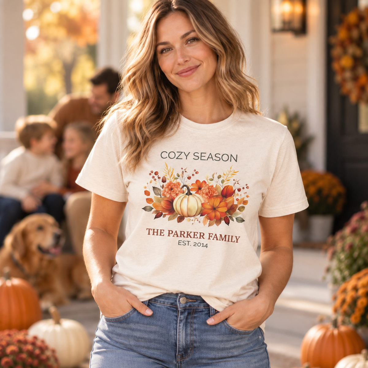 Personalized family name and year customization preview on the Cozy Season t-shirt