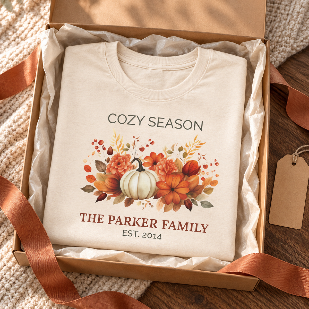 Cozy Season t-shirt worn casually in a fall setting