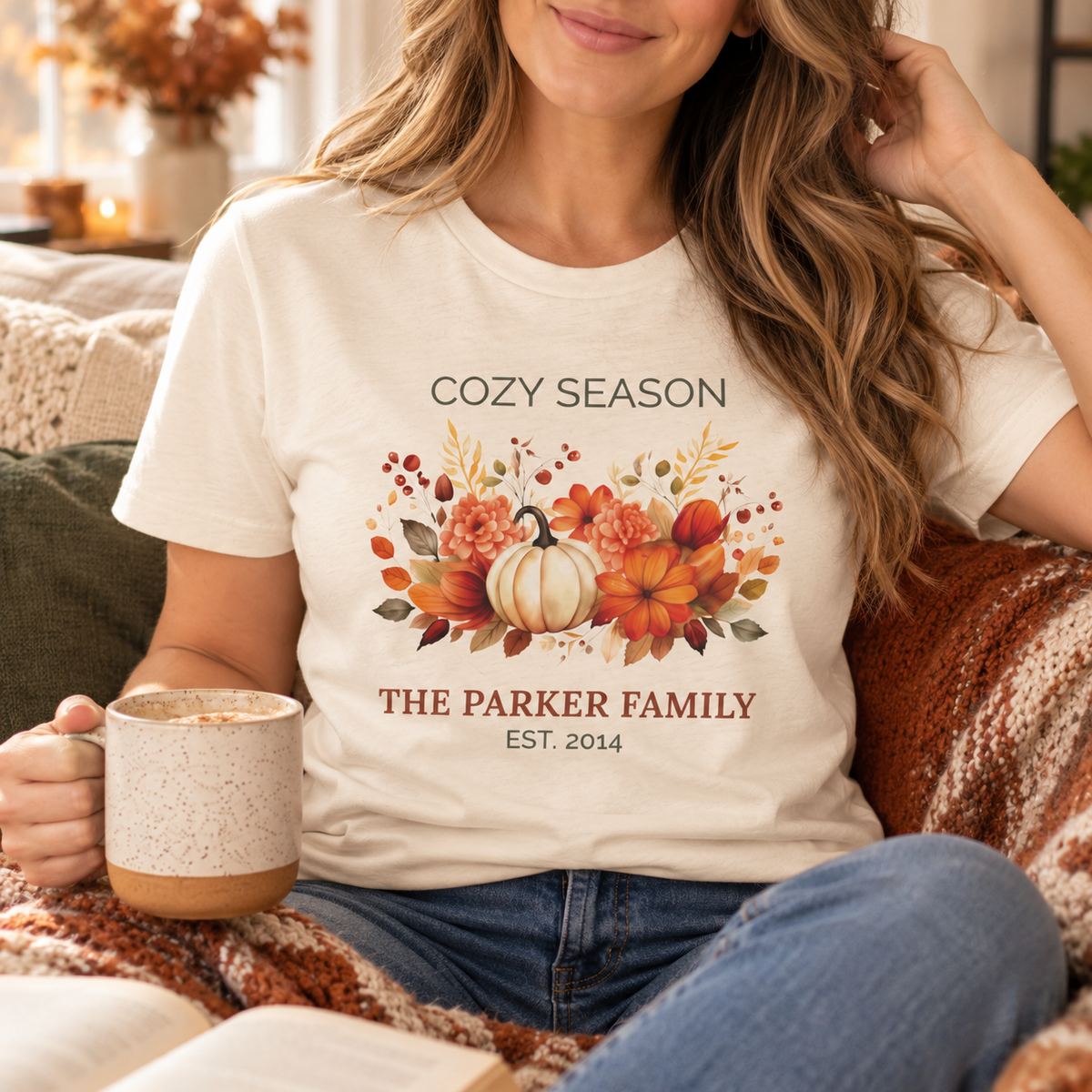 Cozy Season t-shirt mockup showing pumpkin design placement