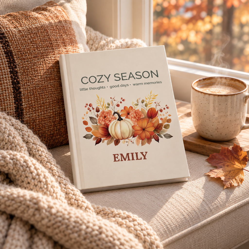 Personalized name customization preview on the Cozy Season journal cover