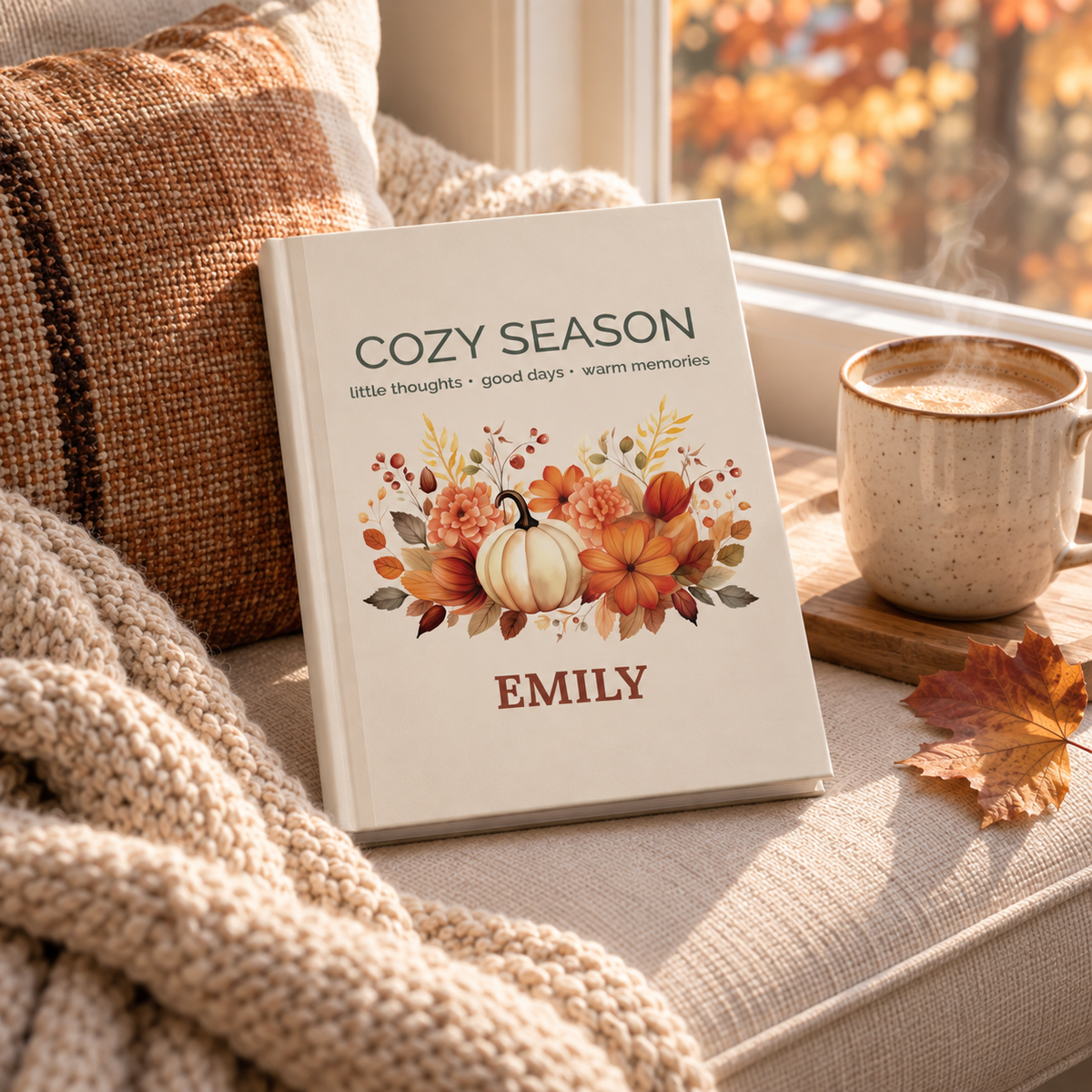 Personalized name customization preview on the Cozy Season journal cover