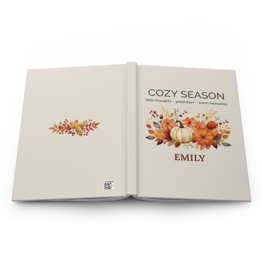 Cozy Season personalized journal displayed on a table with fall decor