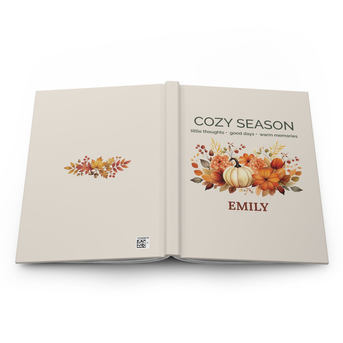 Cozy Season personalized journal displayed on a table with fall decor