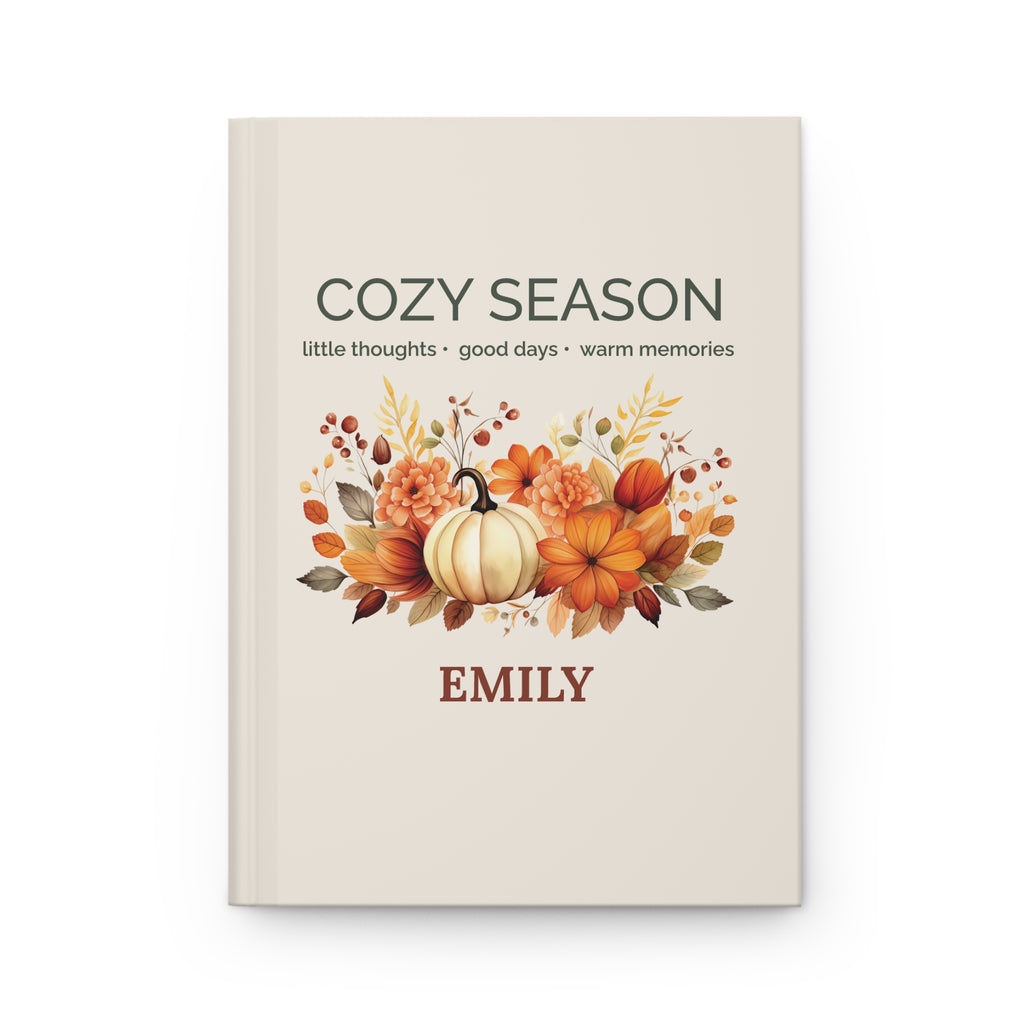 Cozy Season personalized hardcover journal with pumpkin design and name