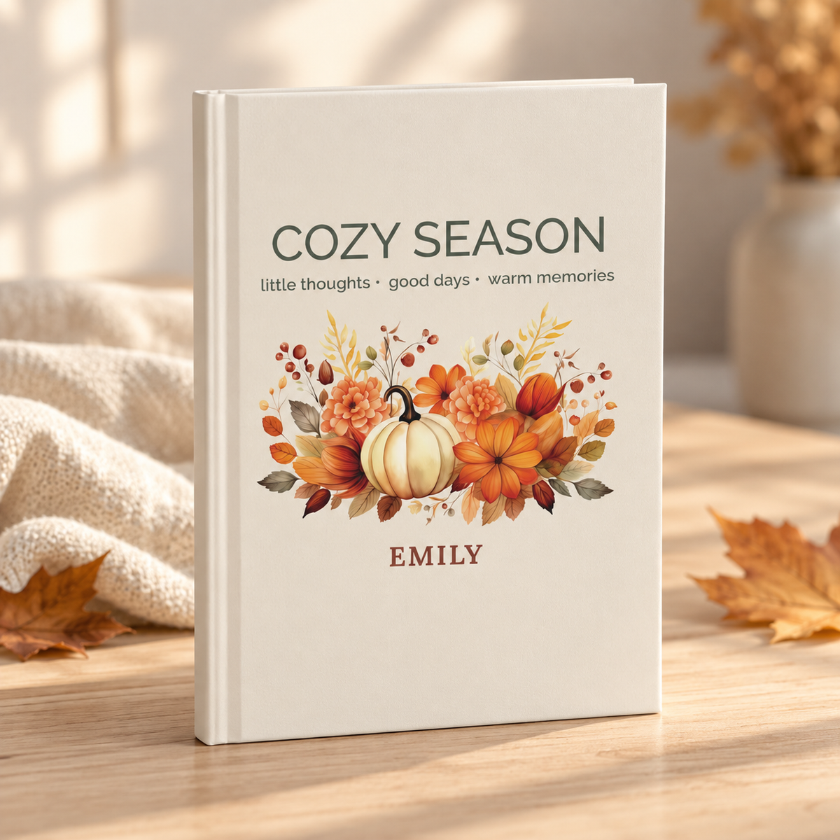 Cozy Season pumpkin journal mockup showing design placement