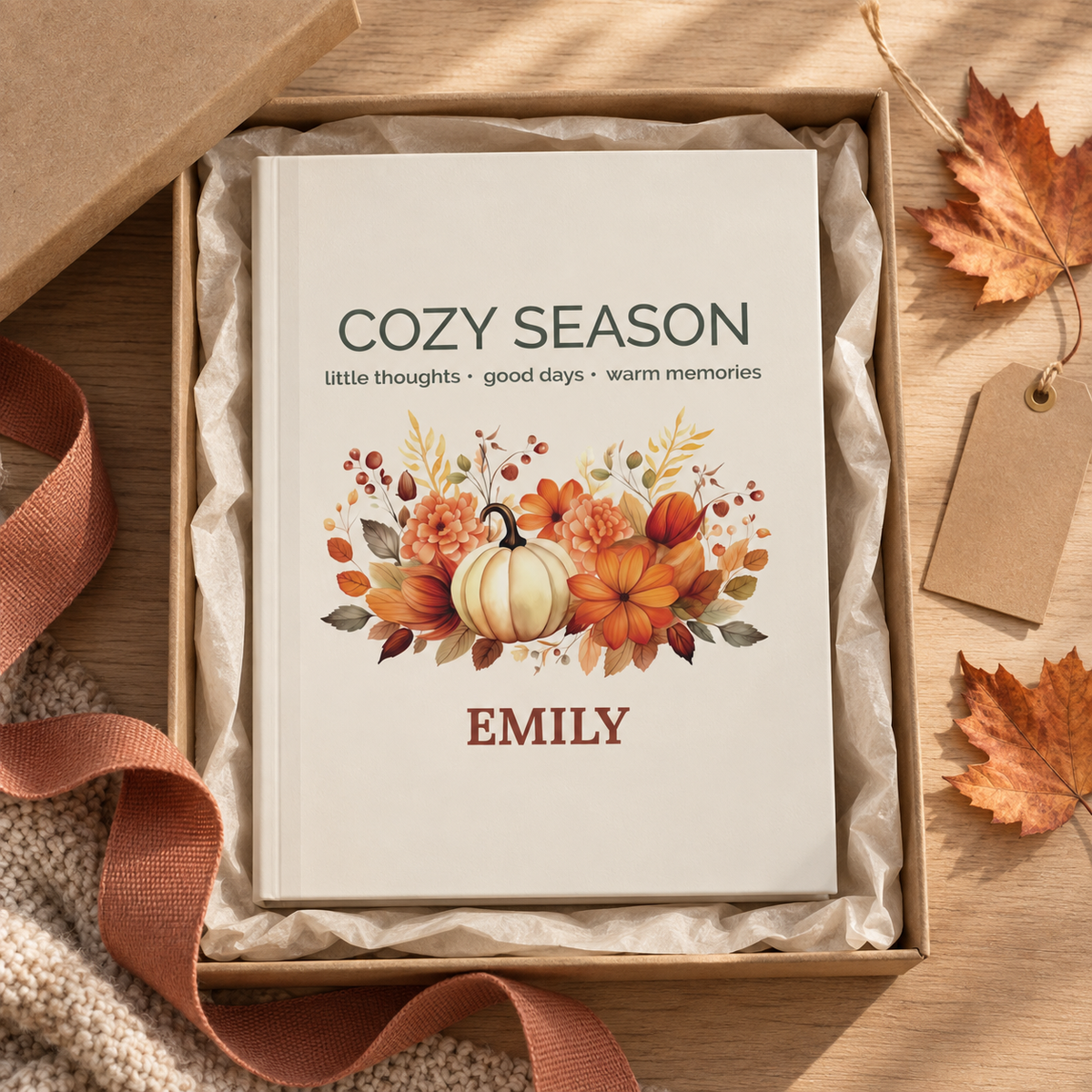 Cozy Season journal open showing lined pages inside