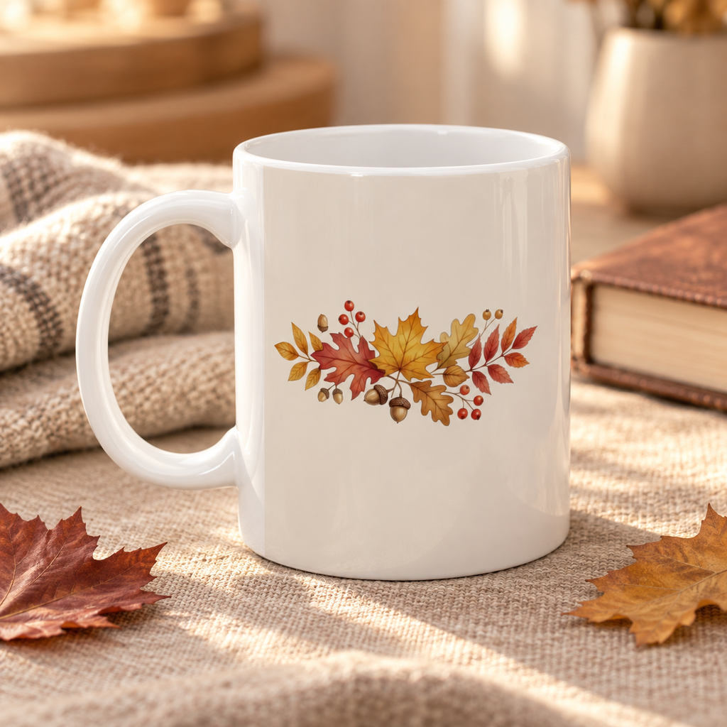 Close-up of the Cozy Season pumpkin mug glossy ceramic finish and C-handle