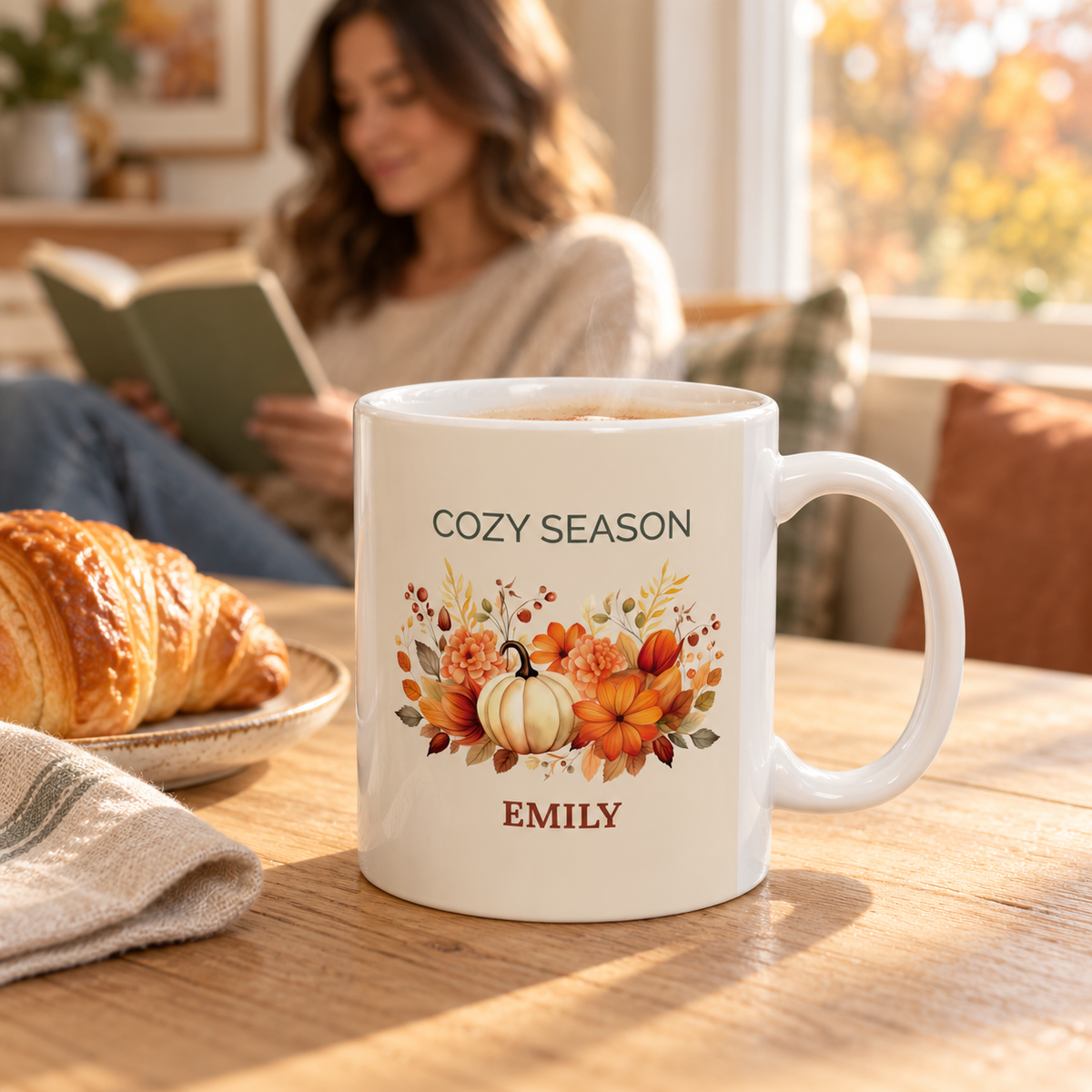 Personalized name customization preview on the Cozy Season pumpkin mug