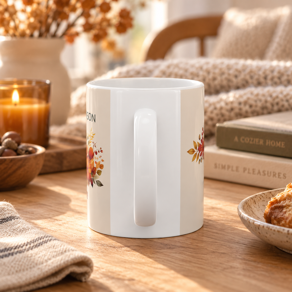 Cozy Season personalized mug displayed on a table with fall leaves