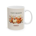 Cozy Season personalized ceramic mug with pumpkin and floral design and name