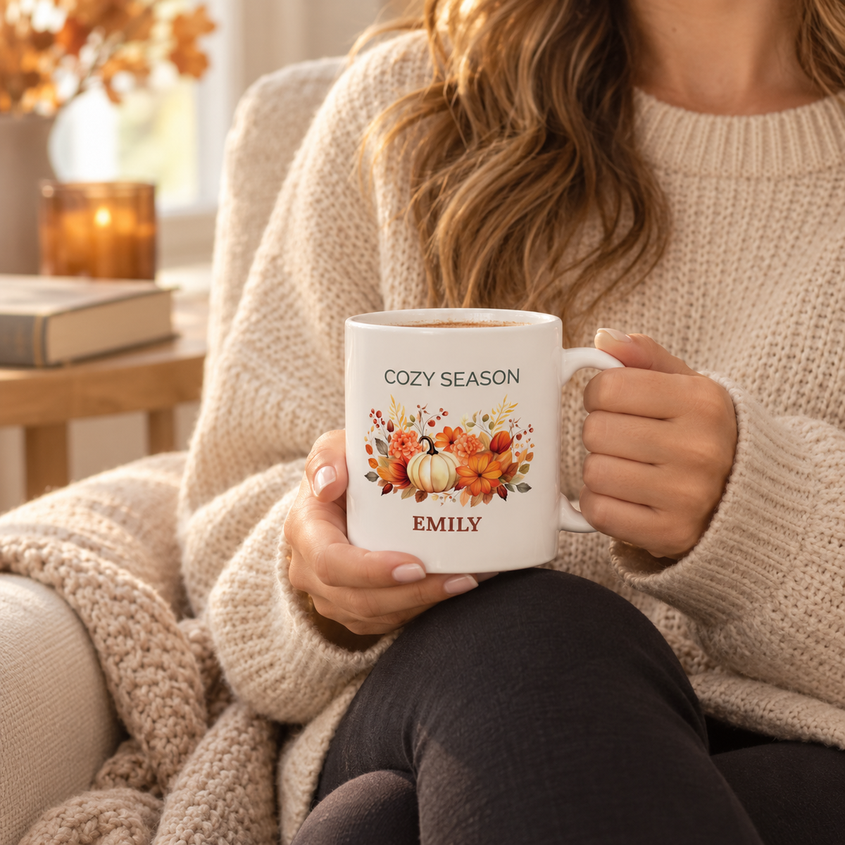 Cozy Season pumpkin mug mockup showing design placement