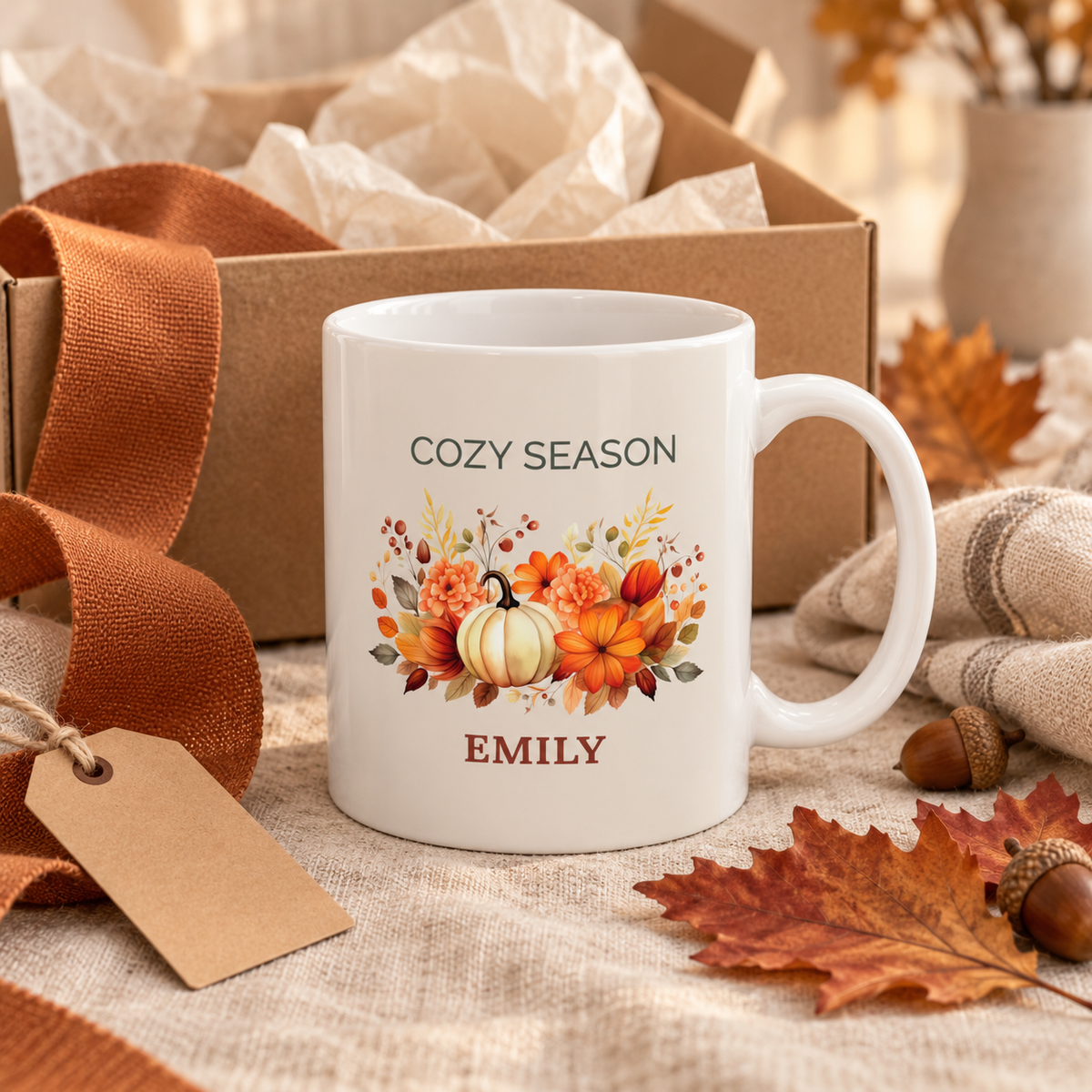 Cozy Season pumpkin mug mockup on a kitchen counter with autumn decor