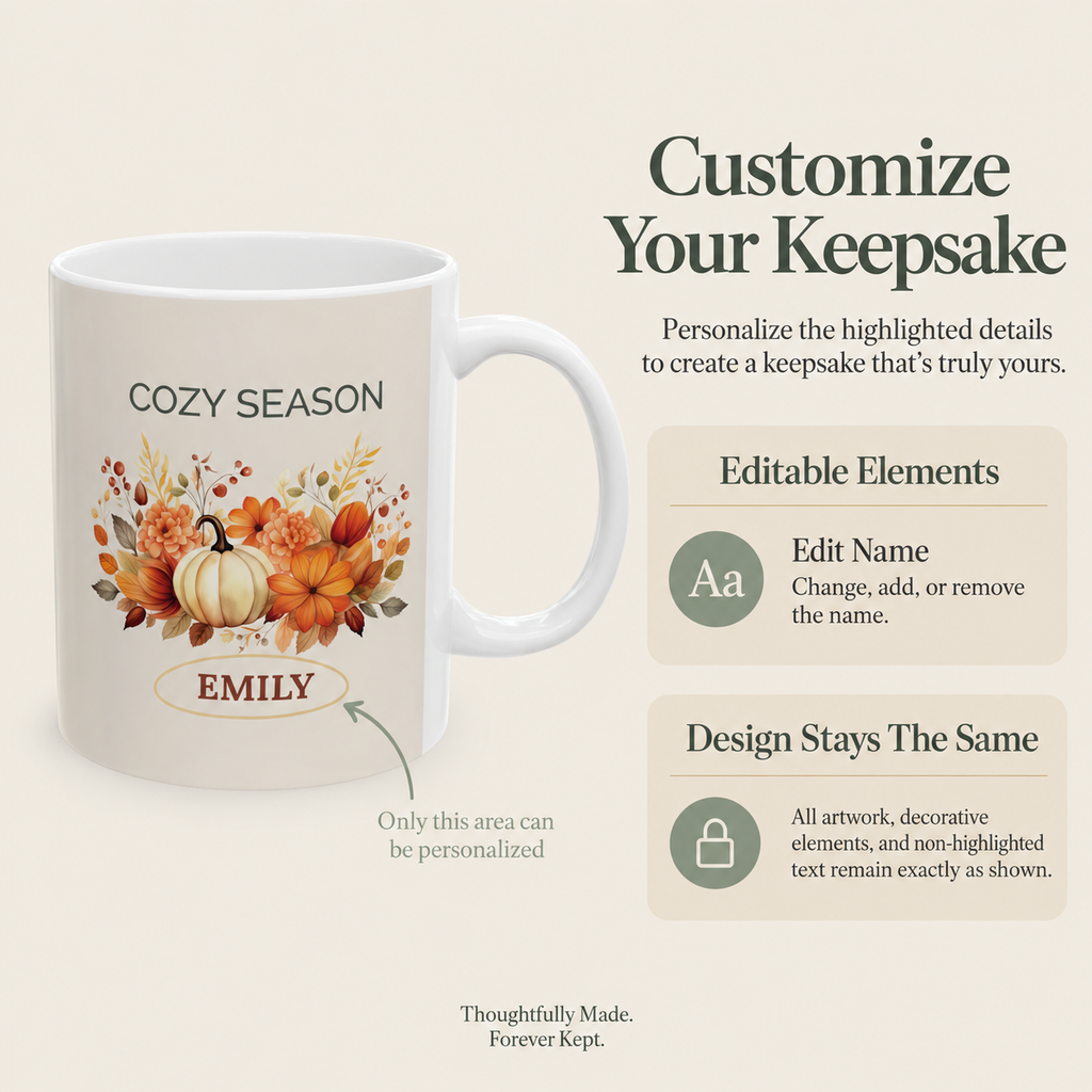 Cozy Season pumpkin mug size reference, available in 11oz and 15oz