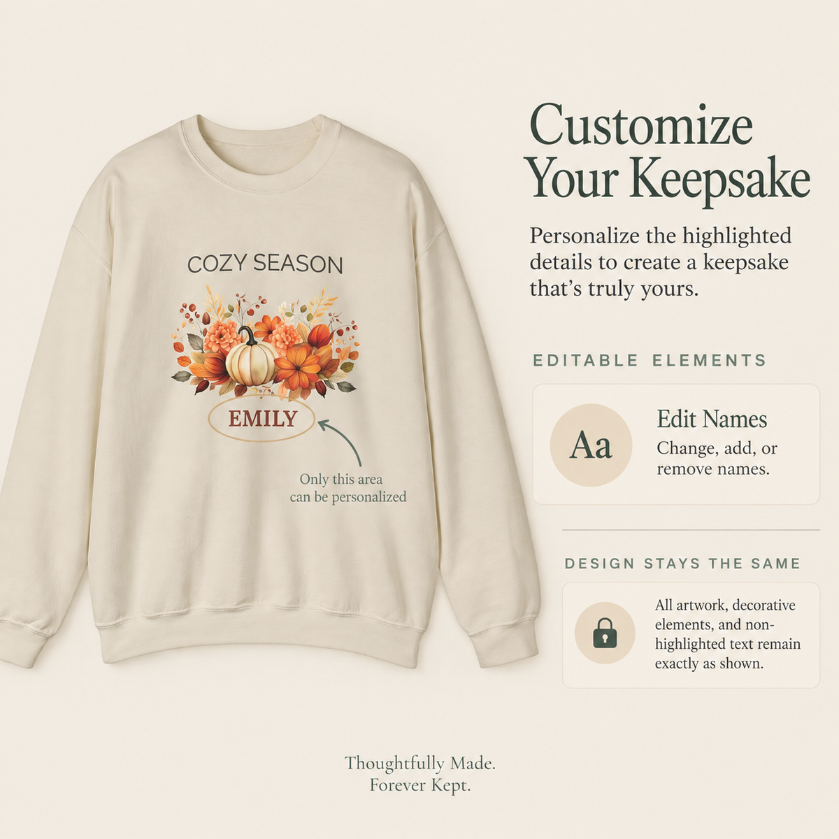 Close-up of the Cozy Season sweatshirt ribbed collar and pumpkin bouquet print