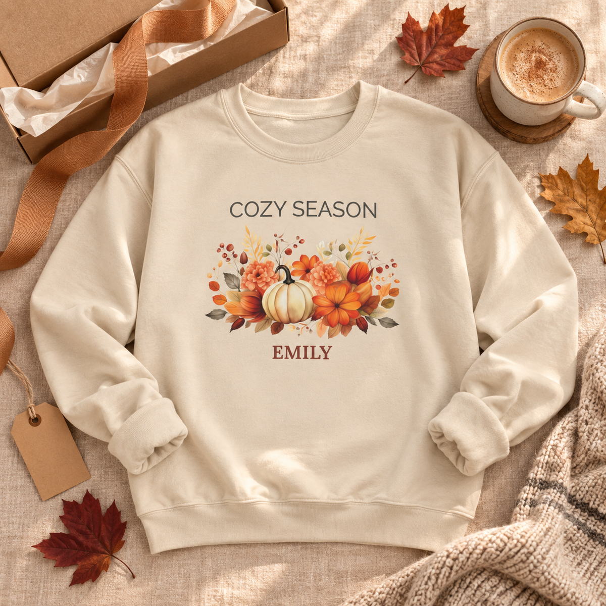 Cozy Season sweatshirt worn with jeans in a fall setting