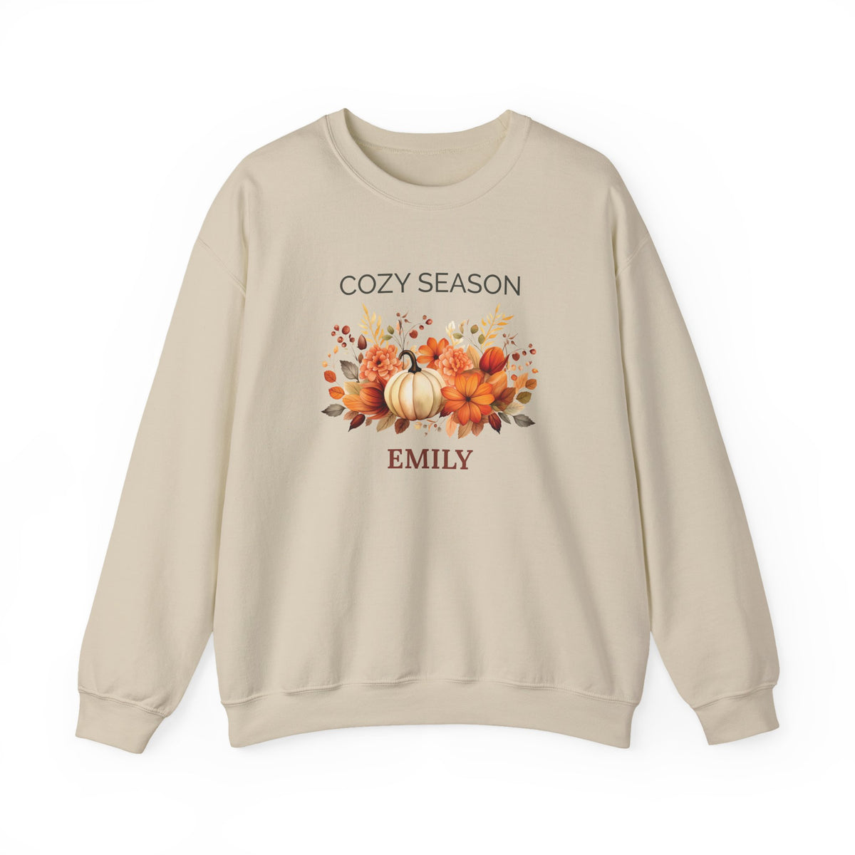 Cozy Season personalized sand crewneck sweatshirt with pumpkin design and name