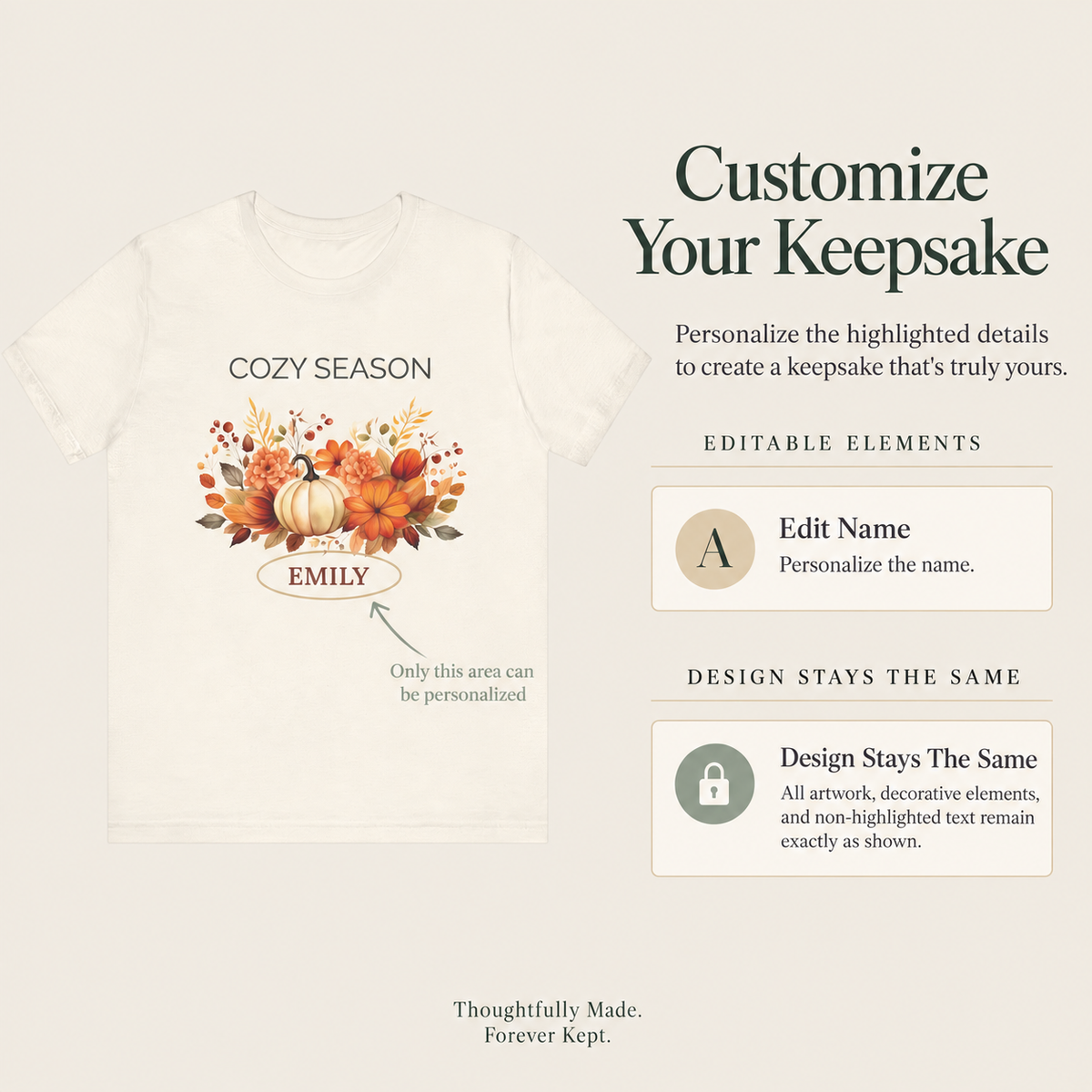 Close-up of the Cozy Season t-shirt ribbed collar and pumpkin bouquet print