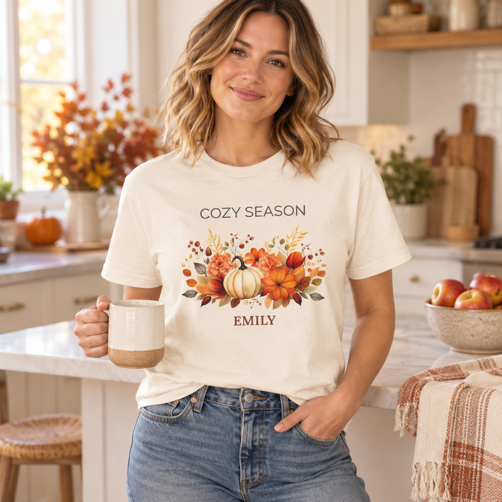 Personalized name customization preview on the Cozy Season pumpkin t-shirt