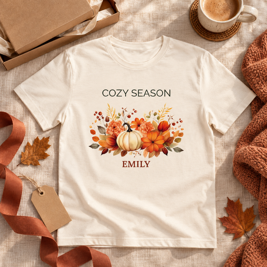 Cozy Season t-shirt worn casually in a fall setting
