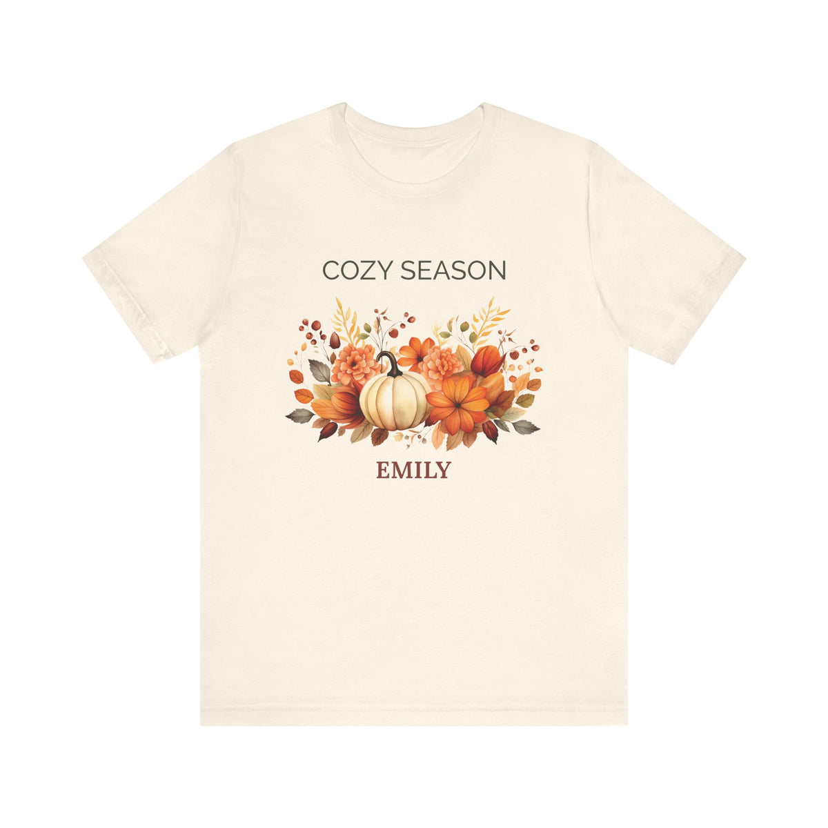 Cozy Season personalized natural t-shirt with pumpkin design and name