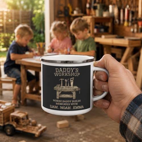 Personalized kids' names customization preview on the Daddy's Workshop mug