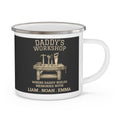 Daddy's Workshop personalized white enamel mug with black-background tool bench design