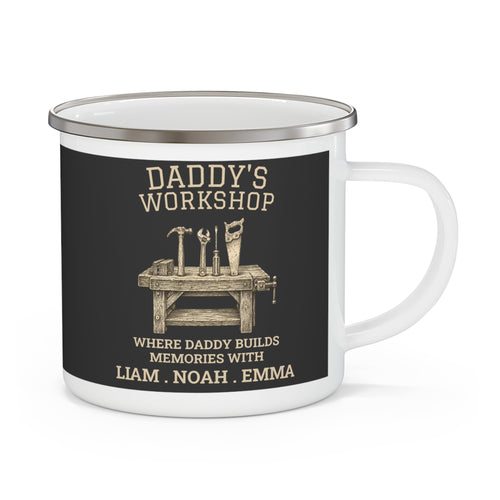 Daddy's Workshop personalized white enamel mug with black-background tool bench design