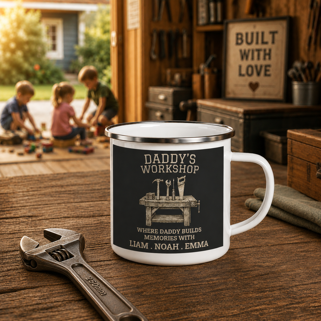 Daddy's Workshop enamel mug mockup showing design placement