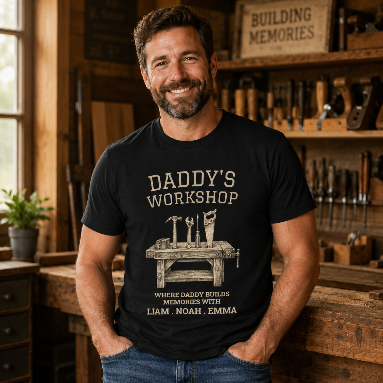 Daddy's Workshop personalized t-shirt shown folded flat