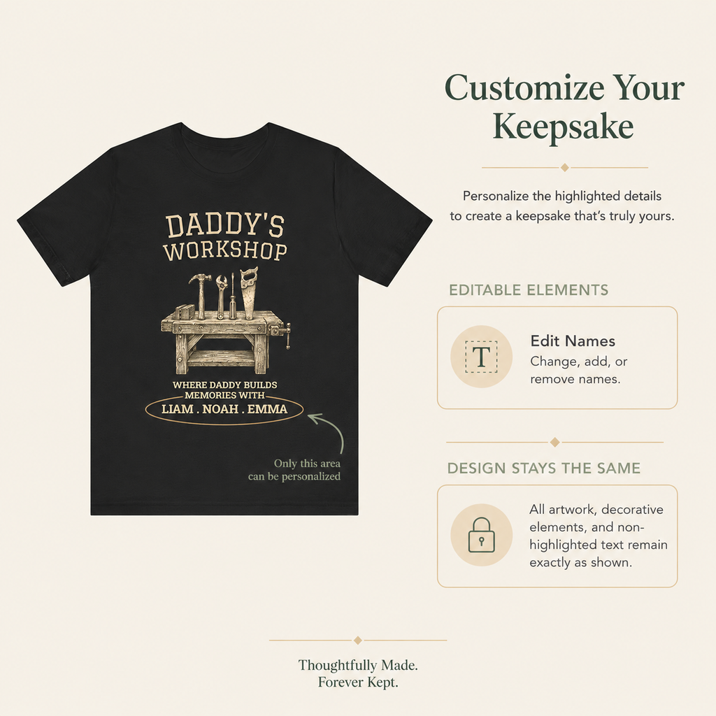 Daddy's Workshop black cotton t-shirt styled in a workshop setting